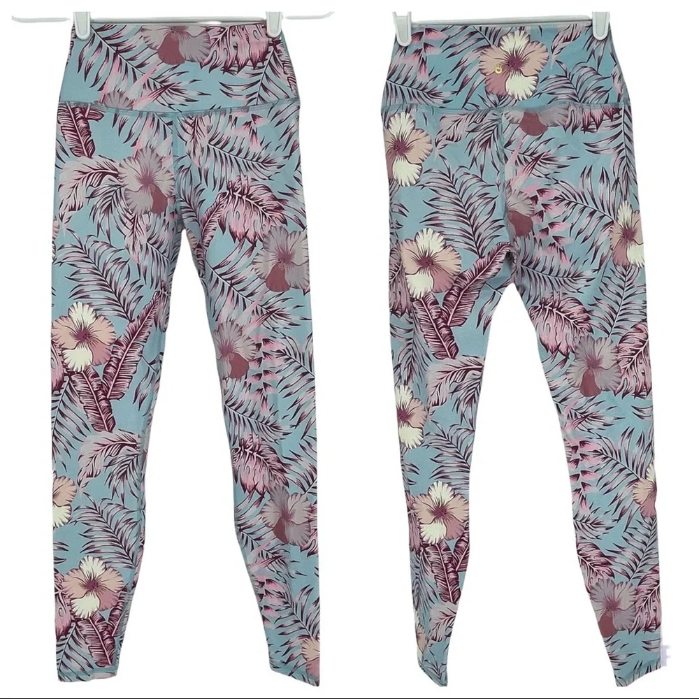 SPIRITUAL GANGSTER TROPICAL HAWAIIAN PRINT BLUE PINK HIGH RISE LEGGINGS SMALL - Picture 1 of 5
